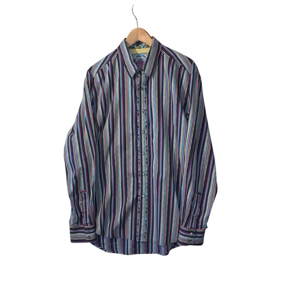 Robert Graham Flip Cuff Shirt Men's Sz XL Button Up MultiColor Stripes Colorful